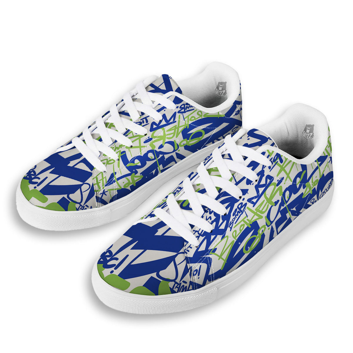 Green Blue Urban Graffiti Text Print Pattern White Low Top Sneakers-grizzshop