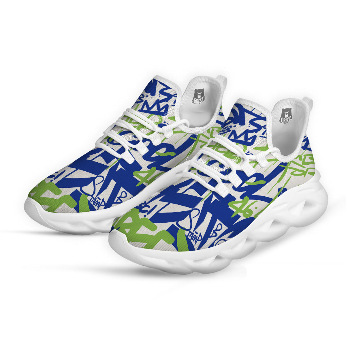 Green Blue Urban Graffiti Text Print Pattern White Running Shoes-grizzshop