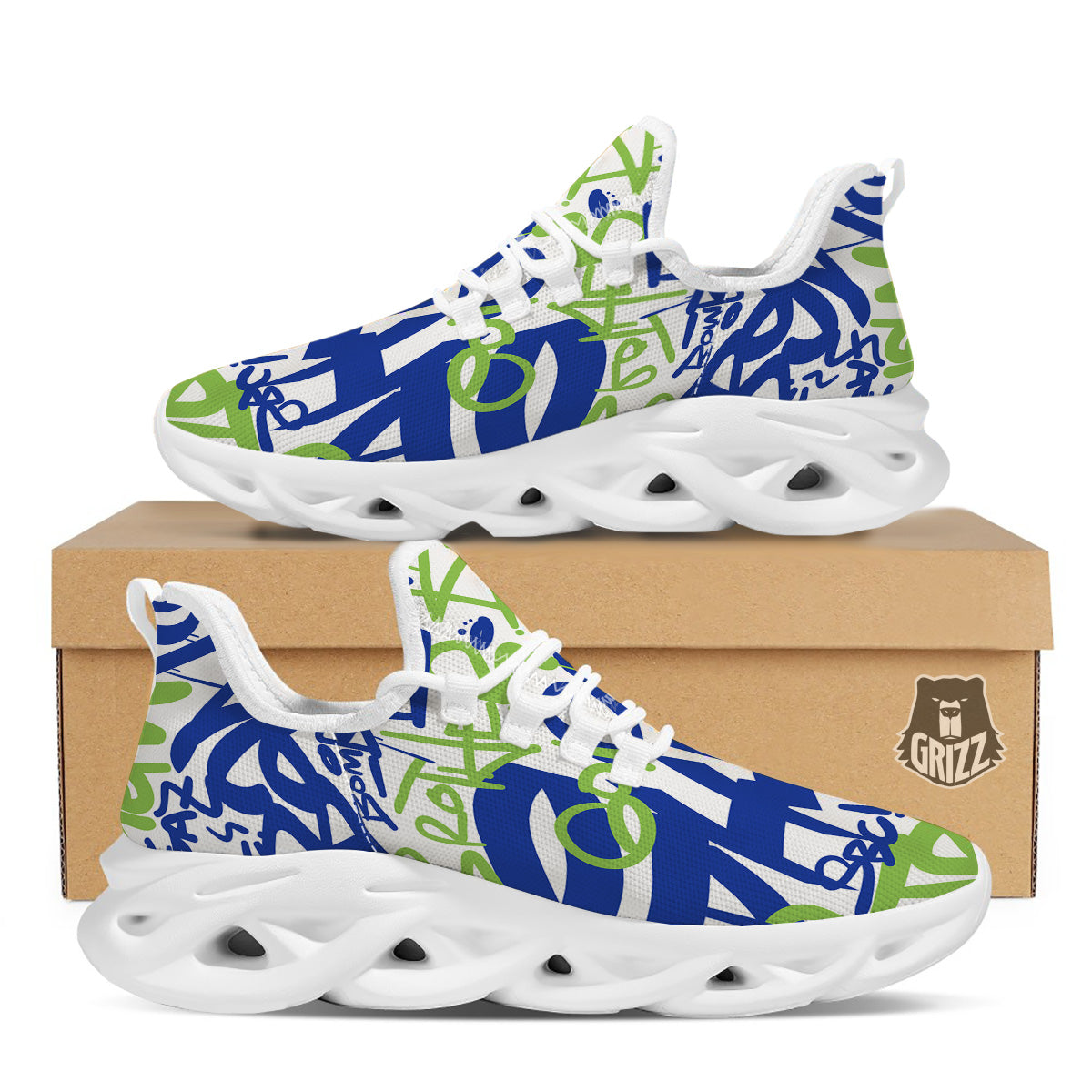 Green Blue Urban Graffiti Text Print Pattern White Running Shoes-grizzshop
