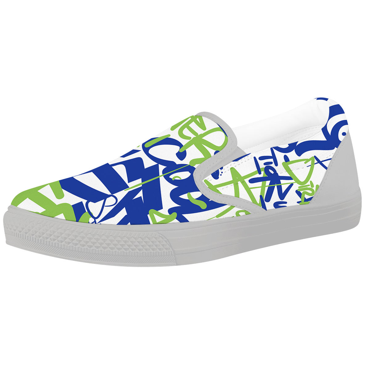Green Blue Urban Graffiti Text Print Pattern White Slip On Shoes-grizzshop