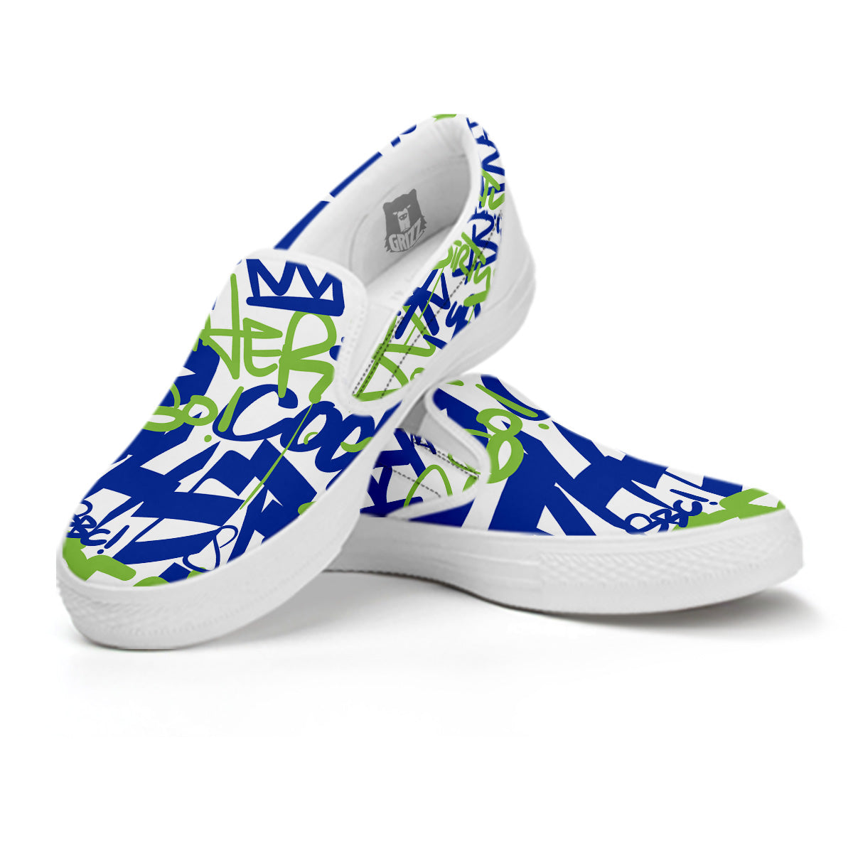 Green Blue Urban Graffiti Text Print Pattern White Slip On Shoes-grizzshop