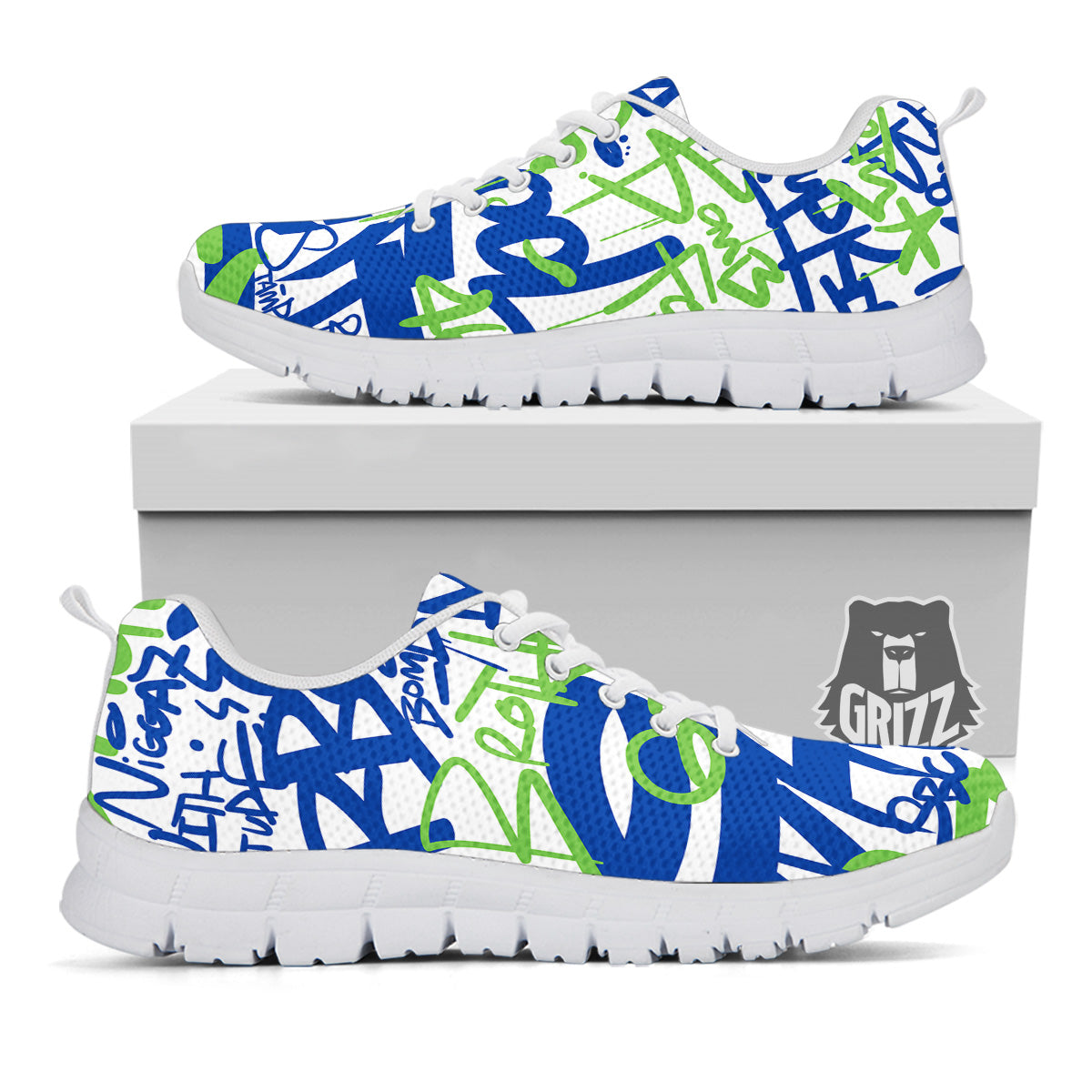 Green Blue Urban Graffiti Text Print Pattern White Sneaker-grizzshop