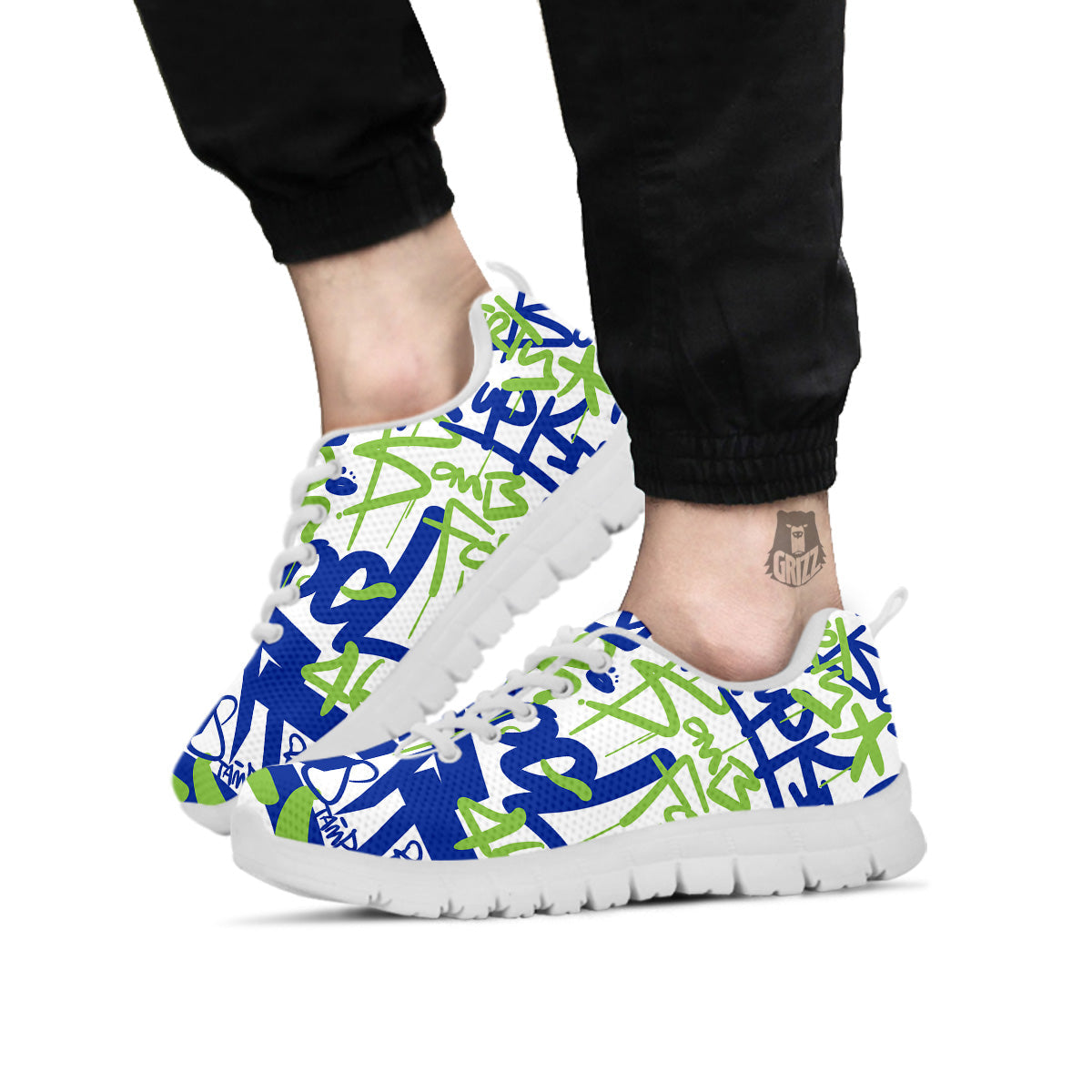 Green Blue Urban Graffiti Text Print Pattern White Sneaker-grizzshop