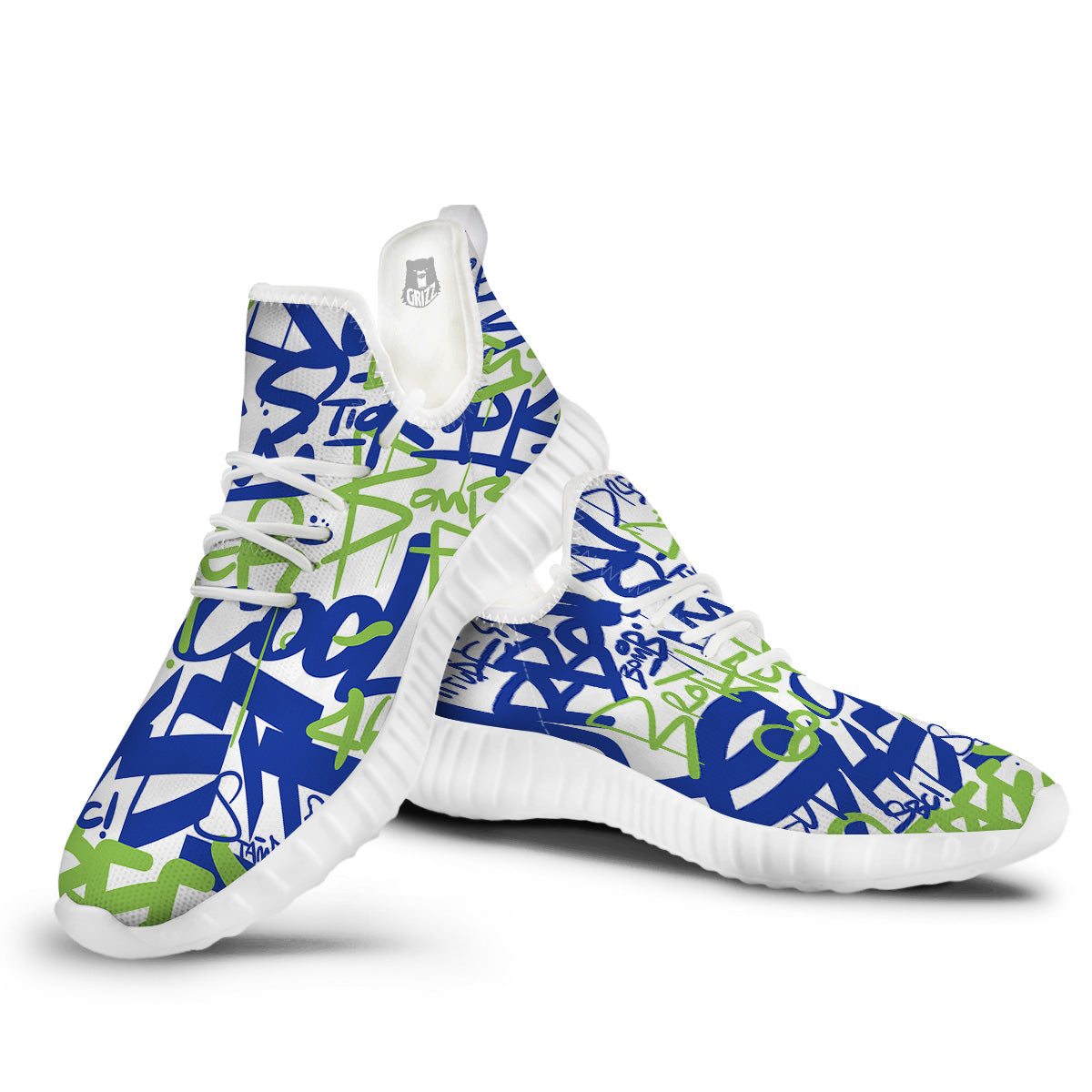 Green Blue Urban Graffiti Text Print Pattern White Walking Shoes-grizzshop