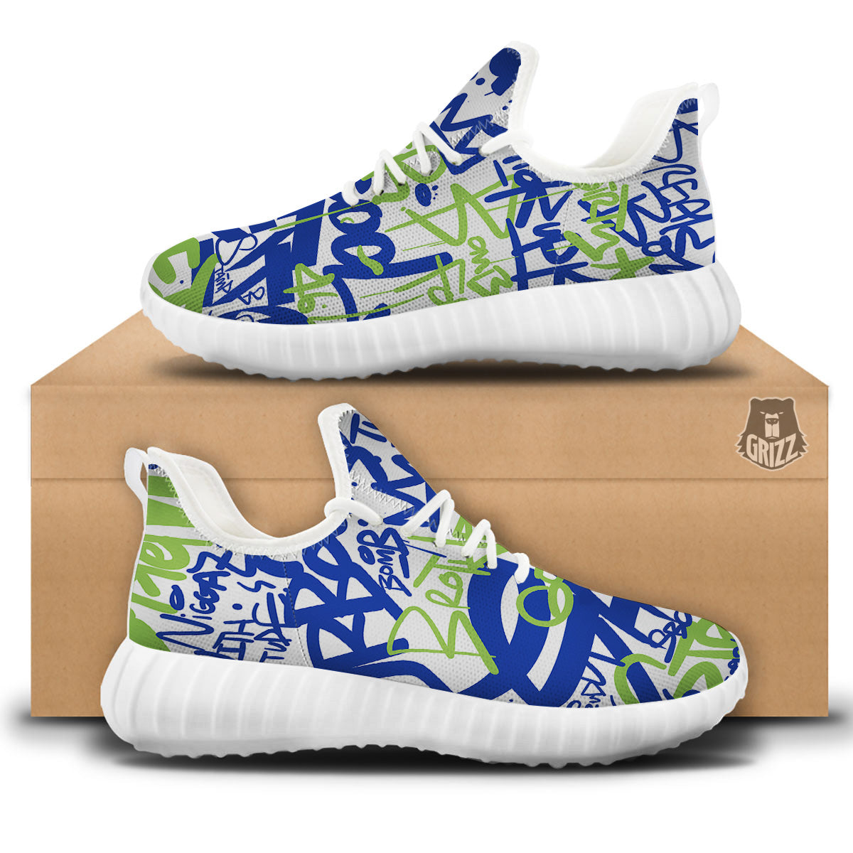 Green Blue Urban Graffiti Text Print Pattern White Walking Shoes-grizzshop