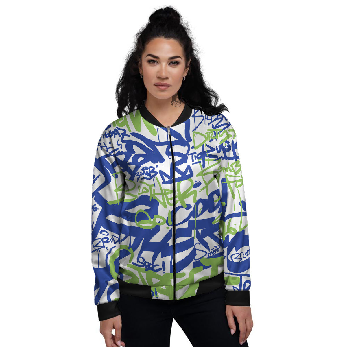 Green Blue Urban Graffiti Text Print Pattern Women's Bomber Jacket-grizzshop