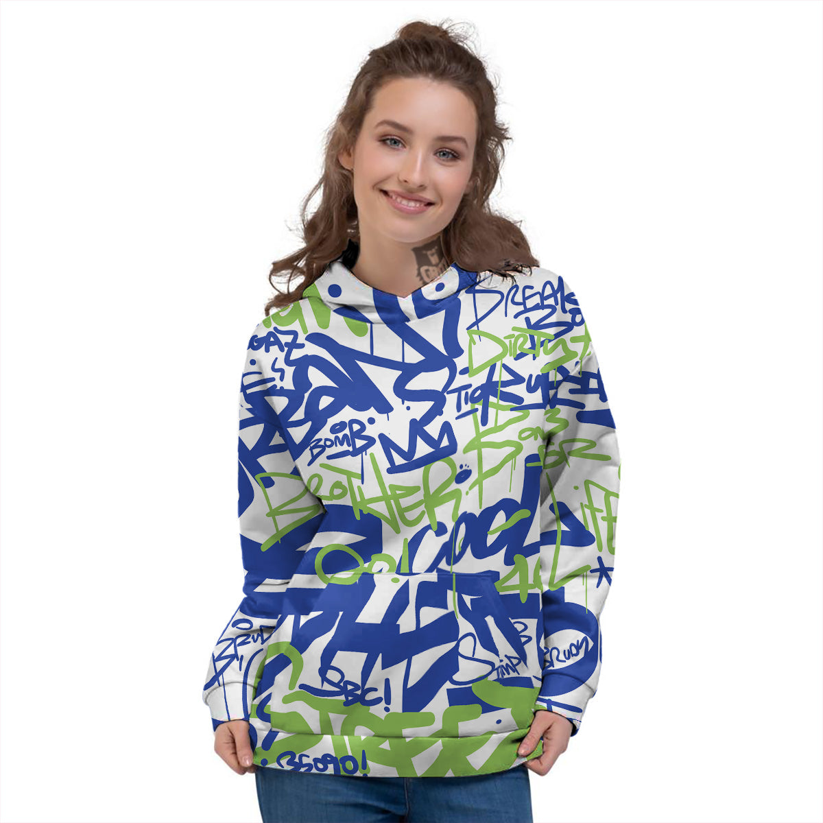 Green Blue Urban Graffiti Text Print Pattern Women's Hoodie-grizzshop