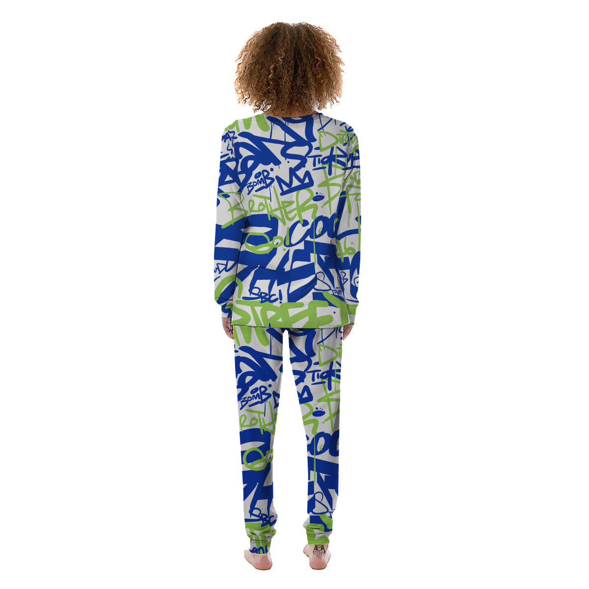 Green Blue Urban Graffiti Text Print Pattern Women's Pajamas-grizzshop