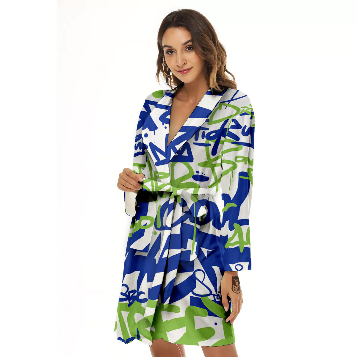 Green Blue Urban Graffiti Text Print Pattern Women's Robe-grizzshop