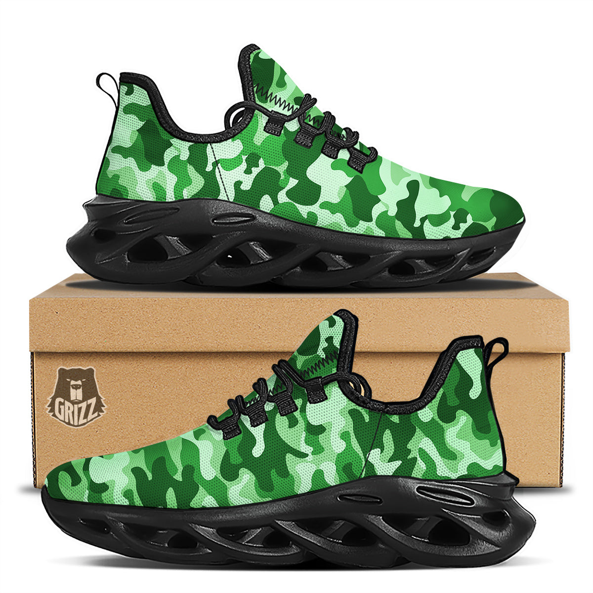 Green Camo And Camouflage Print Black Running Shoes-grizzshop