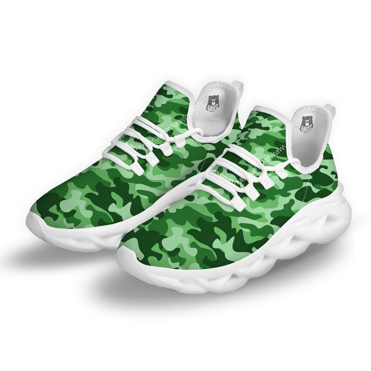 Green Camo And Camouflage Print White Running Shoes-grizzshop