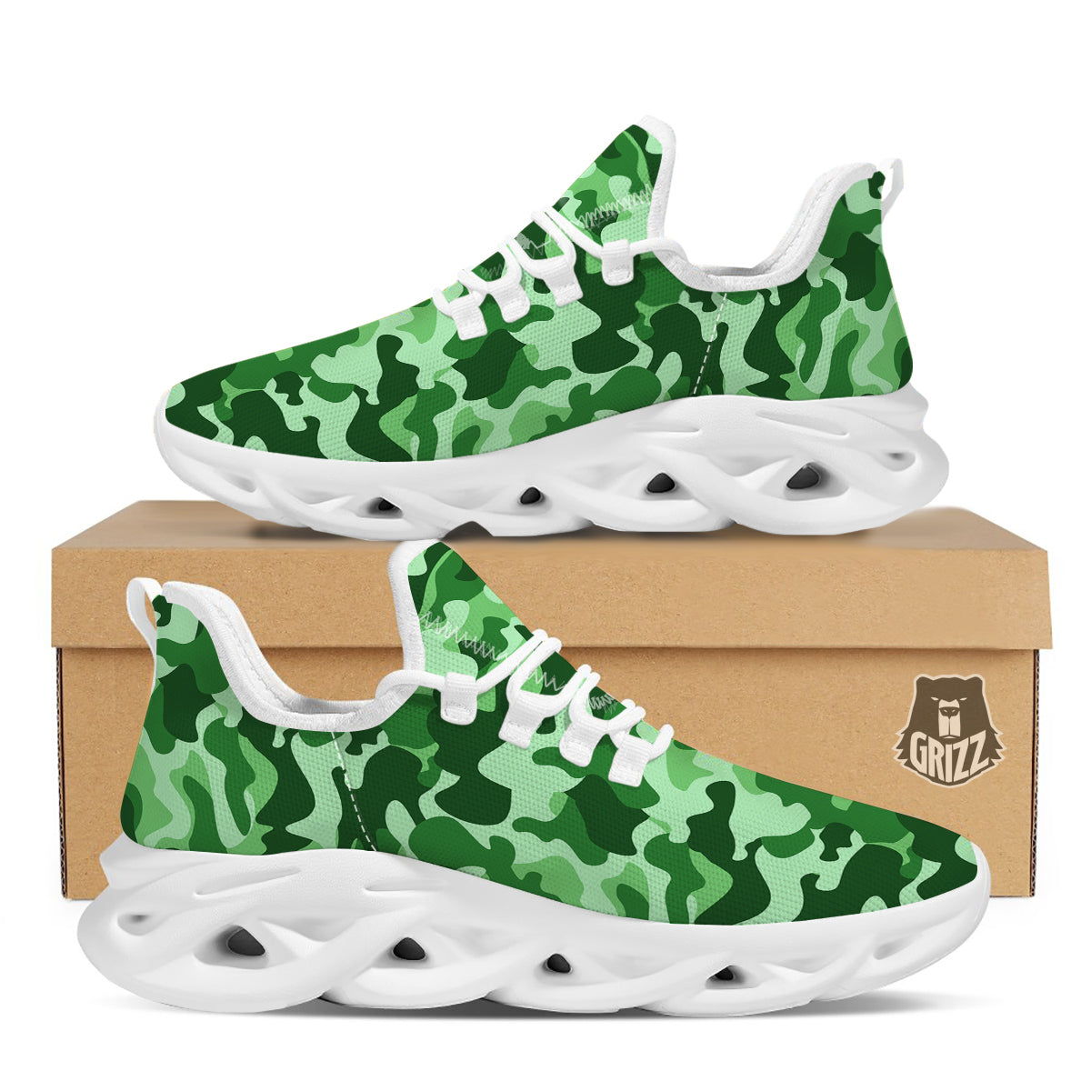 Green Camo And Camouflage Print White Running Shoes-grizzshop
