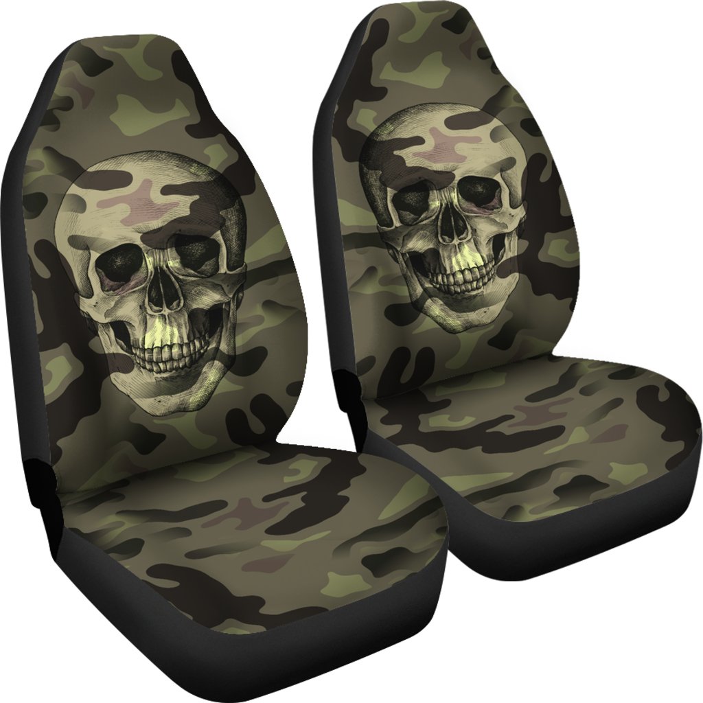 Green Camo Skull Universal Fit Car Seat Covers-grizzshop