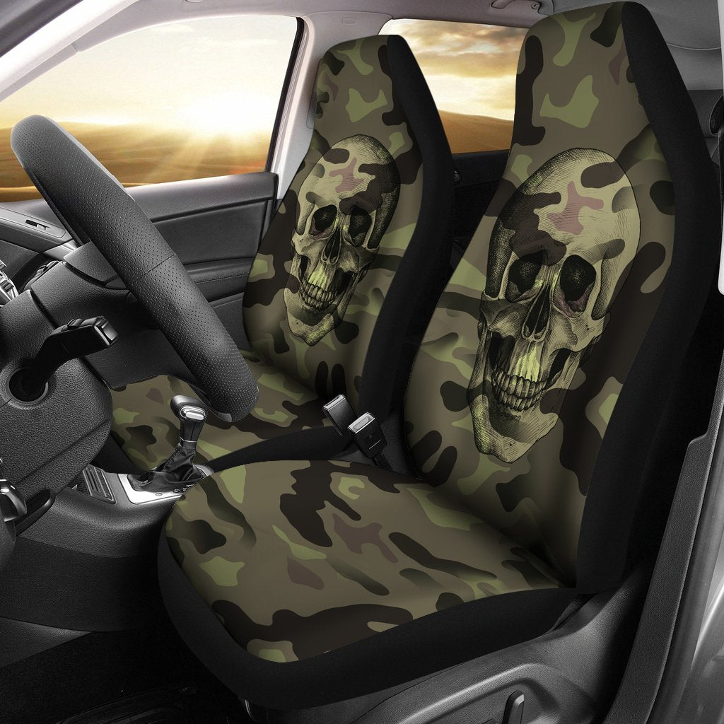 Green Camo Skull Universal Fit Car Seat Covers-grizzshop