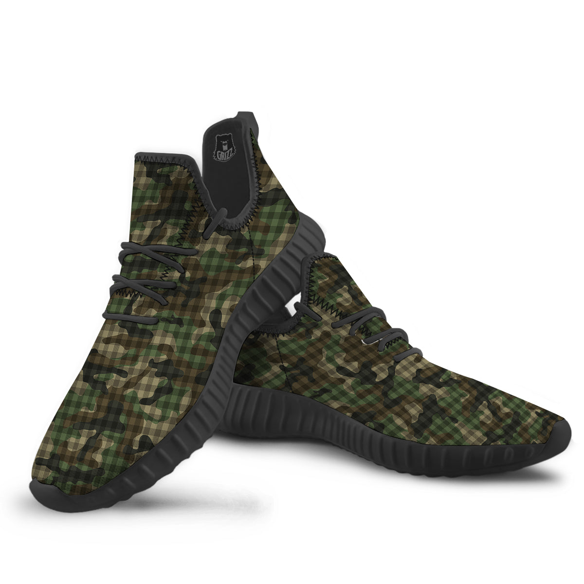 Green Camouflage Army Plaid Print Pattern Black Walking Shoes-grizzshop