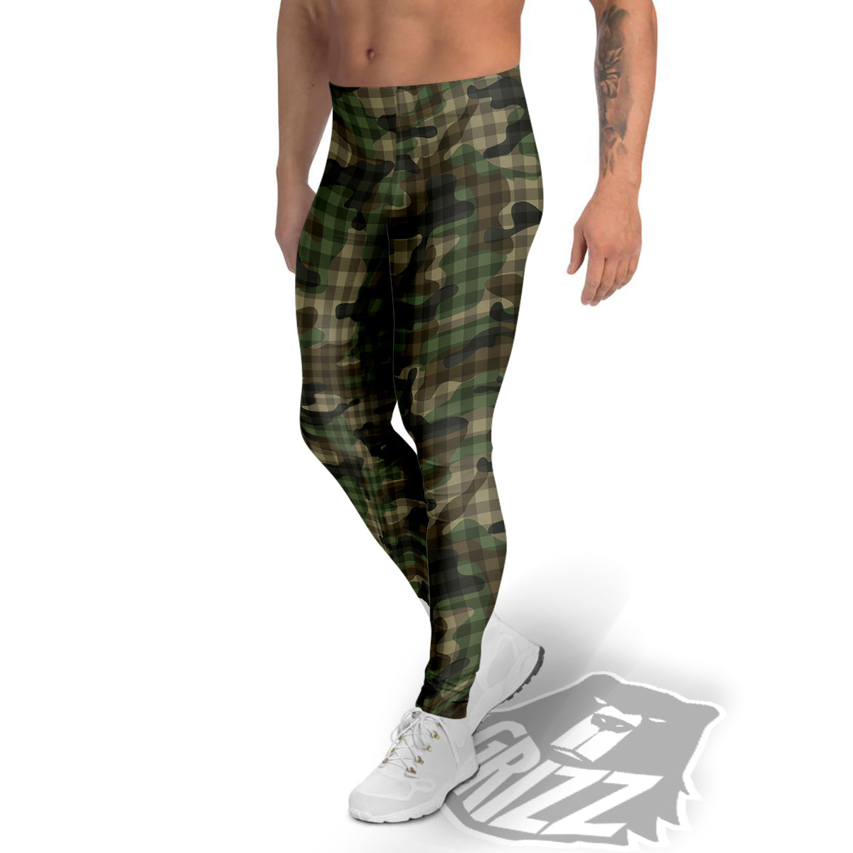 Green Camouflage Army Plaid Print Pattern Men's Leggings-grizzshop
