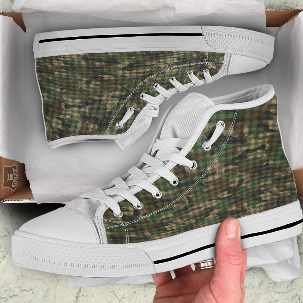 Green Camouflage Army Plaid Print Pattern White High Top Shoes-grizzshop