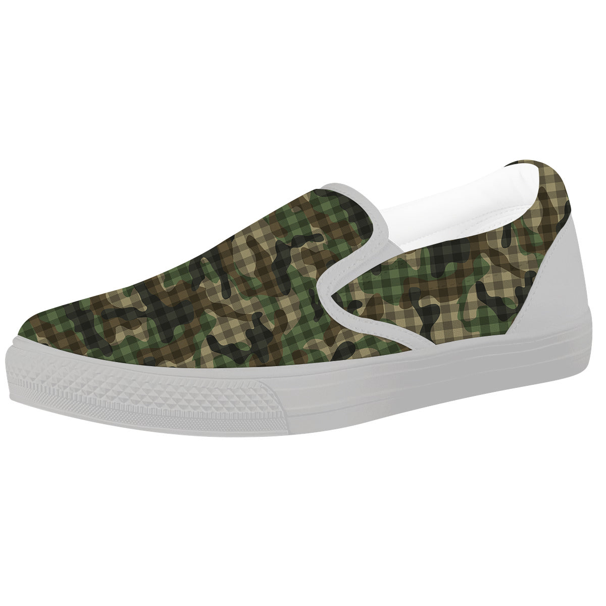 Green Camouflage Army Plaid Print Pattern White Slip On Shoes-grizzshop