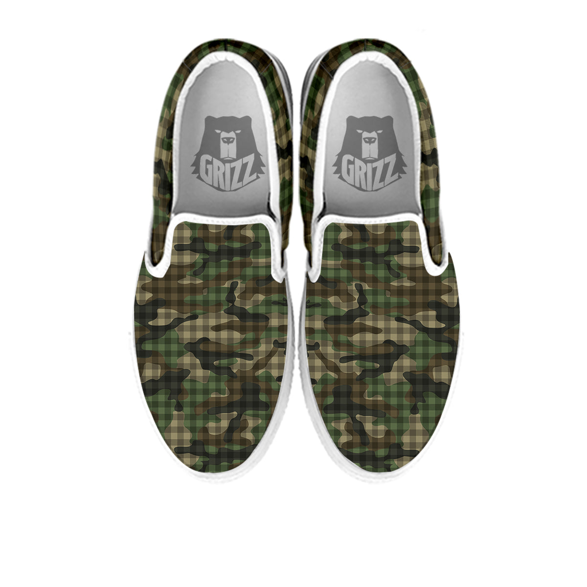 Green Camouflage Army Plaid Print Pattern White Slip On Shoes-grizzshop