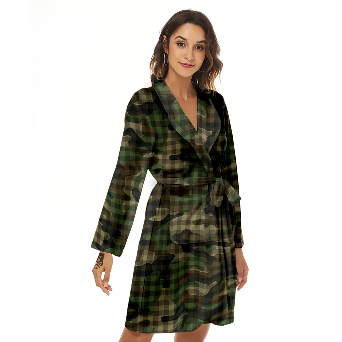 Green Camouflage Army Plaid Print Pattern Women's Robe-grizzshop