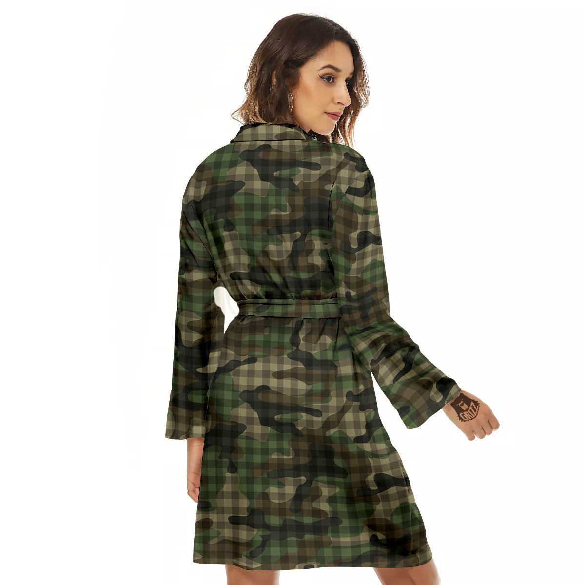 Green Camouflage Army Plaid Print Pattern Women's Robe-grizzshop