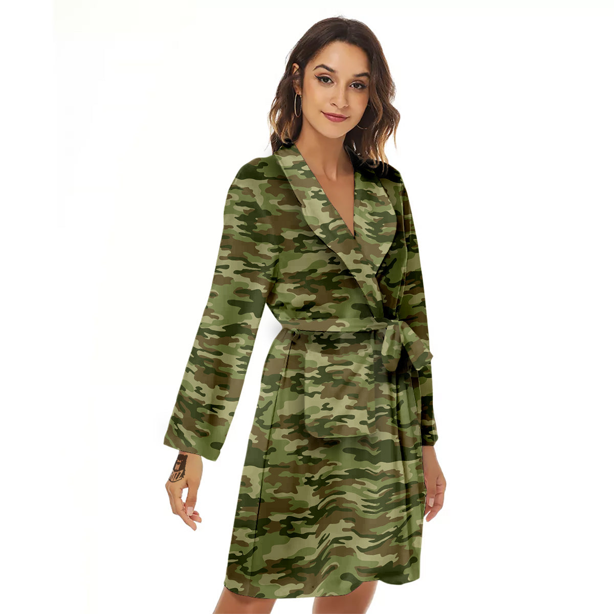Green Camouflage Brown Print Women's Robe-grizzshop
