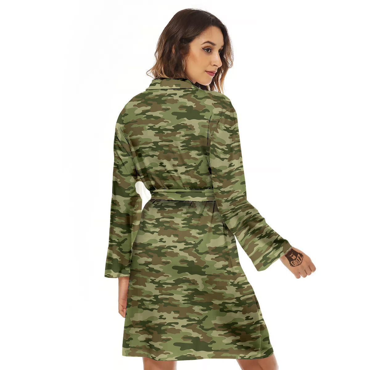 Green Camouflage Brown Print Women's Robe-grizzshop