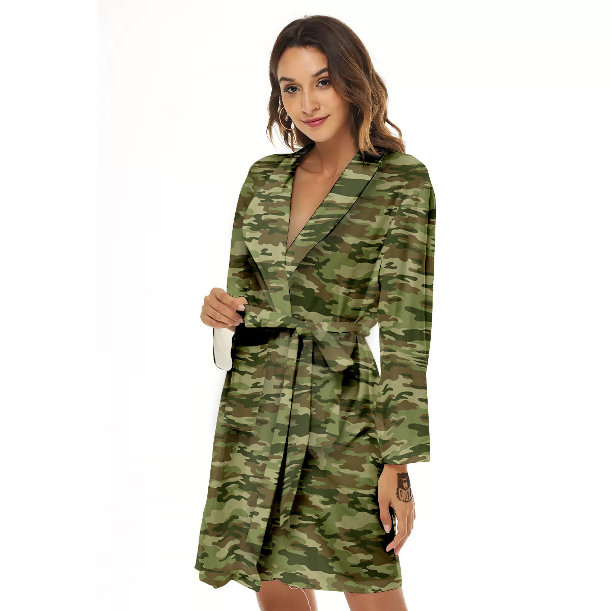 Green Camouflage Brown Print Women's Robe-grizzshop