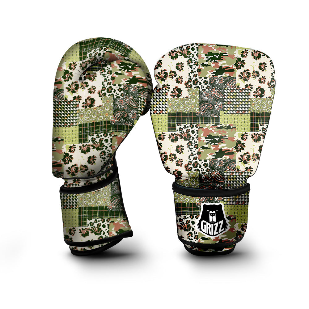 Green Camouflage Tartan Paisley Patchwork Print Pattern Boxing Gloves-grizzshop