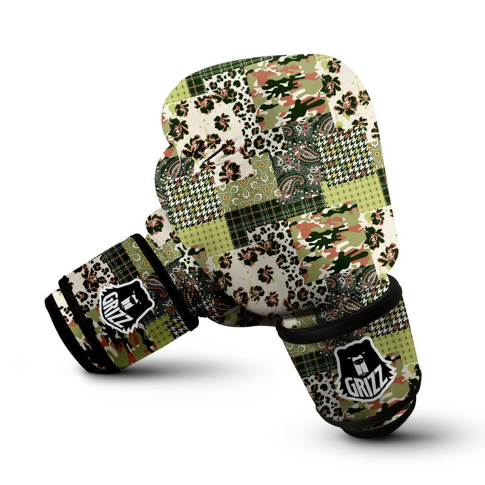 Green Camouflage Tartan Paisley Patchwork Print Pattern Boxing Gloves-grizzshop