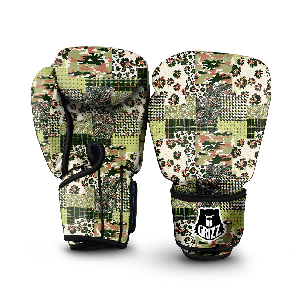 Green Camouflage Tartan Paisley Patchwork Print Pattern Boxing Gloves-grizzshop