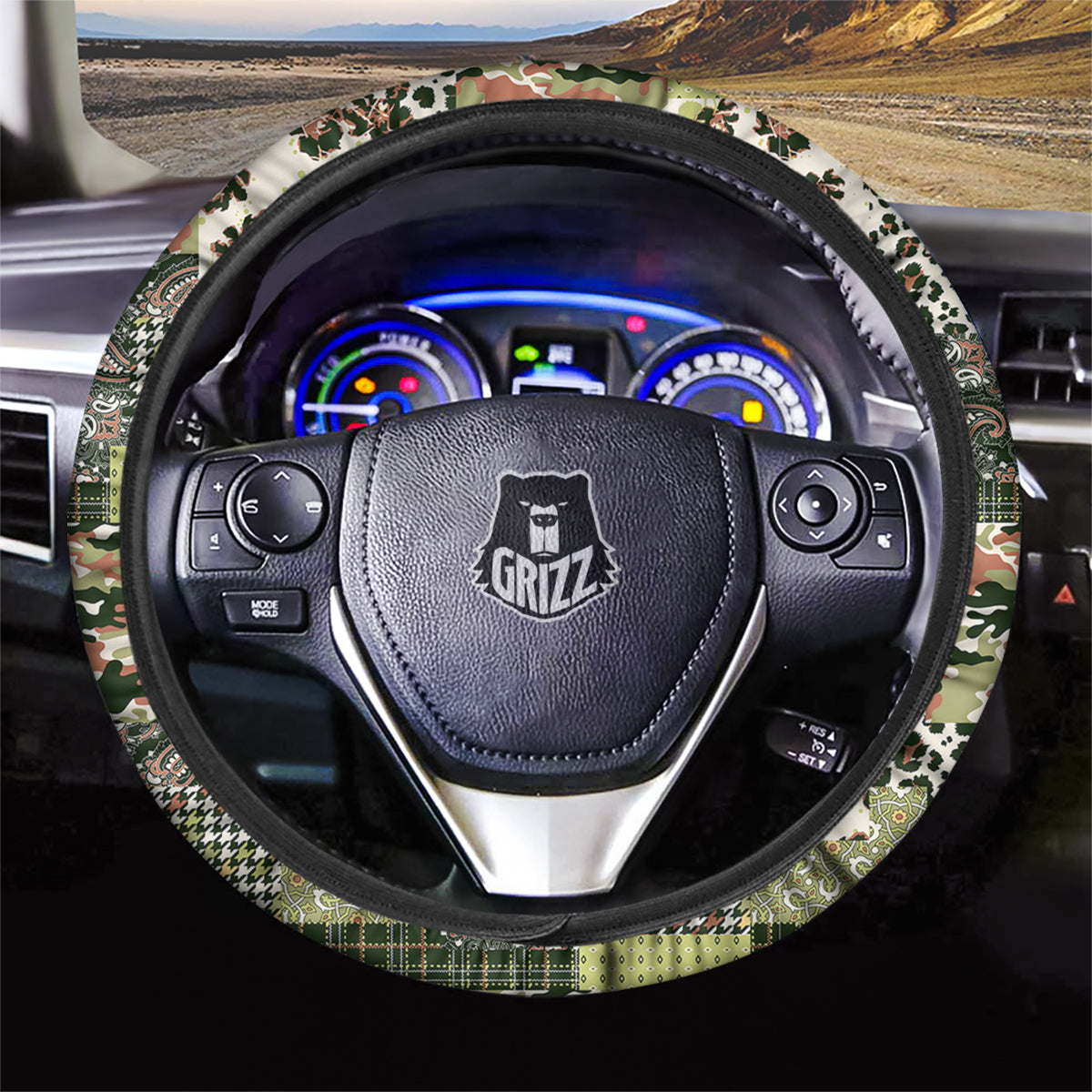 Green Camouflage Tartan Paisley Patchwork Print Pattern Car Steering Wheel Cover-grizzshop
