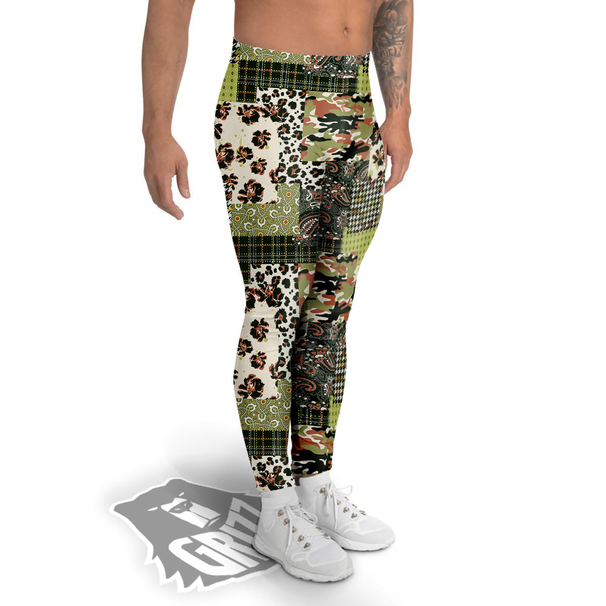 Green Camouflage Tartan Paisley Patchwork Print Pattern Men's Leggings-grizzshop