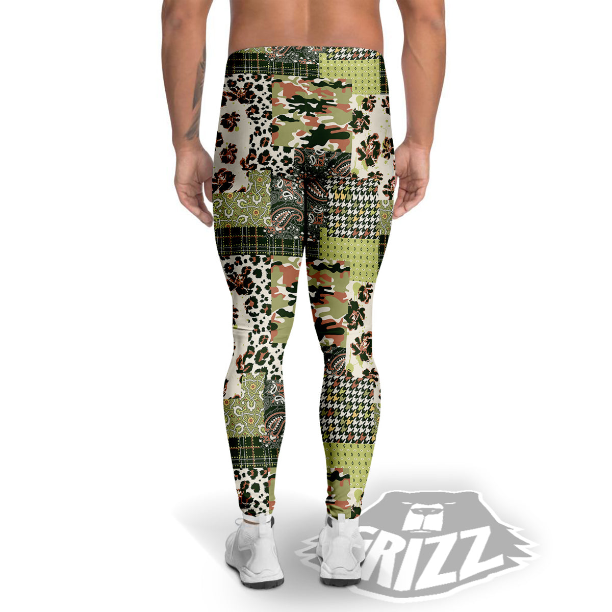 Green Camouflage Tartan Paisley Patchwork Print Pattern Men's Leggings-grizzshop
