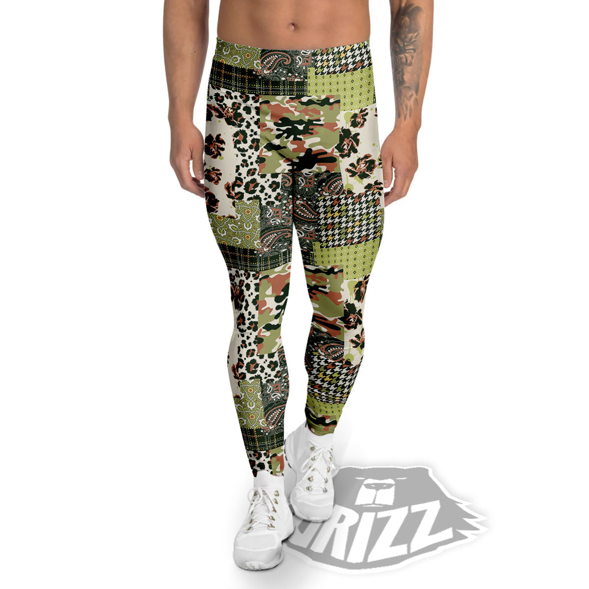 Green Camouflage Tartan Paisley Patchwork Print Pattern Men's Leggings-grizzshop