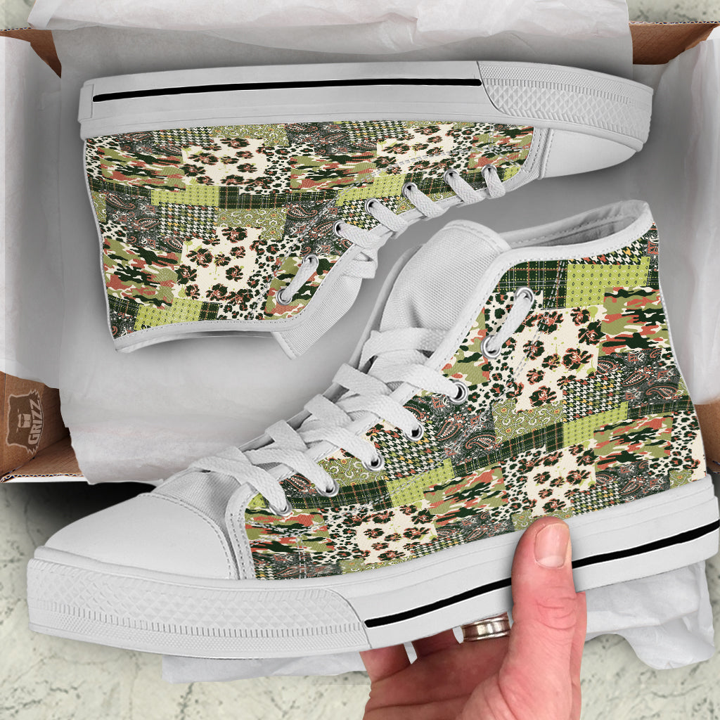 Green Camouflage Tartan Paisley Patchwork Print Pattern White High Top Shoes-grizzshop