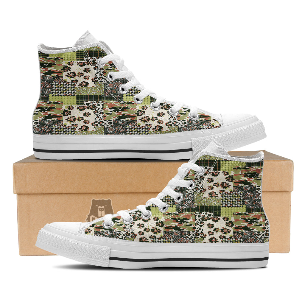 Green Camouflage Tartan Paisley Patchwork Print Pattern White High Top Shoes-grizzshop