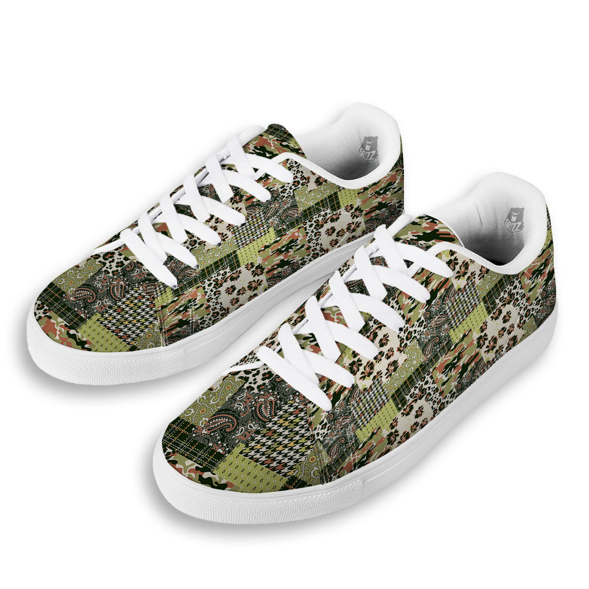Green Camouflage Tartan Paisley Patchwork Print Pattern White Low Top Sneakers-grizzshop