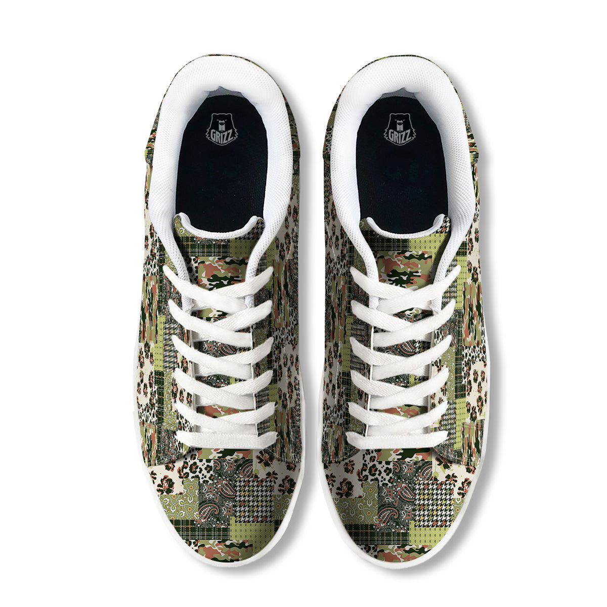 Green Camouflage Tartan Paisley Patchwork Print Pattern White Low Top Sneakers-grizzshop