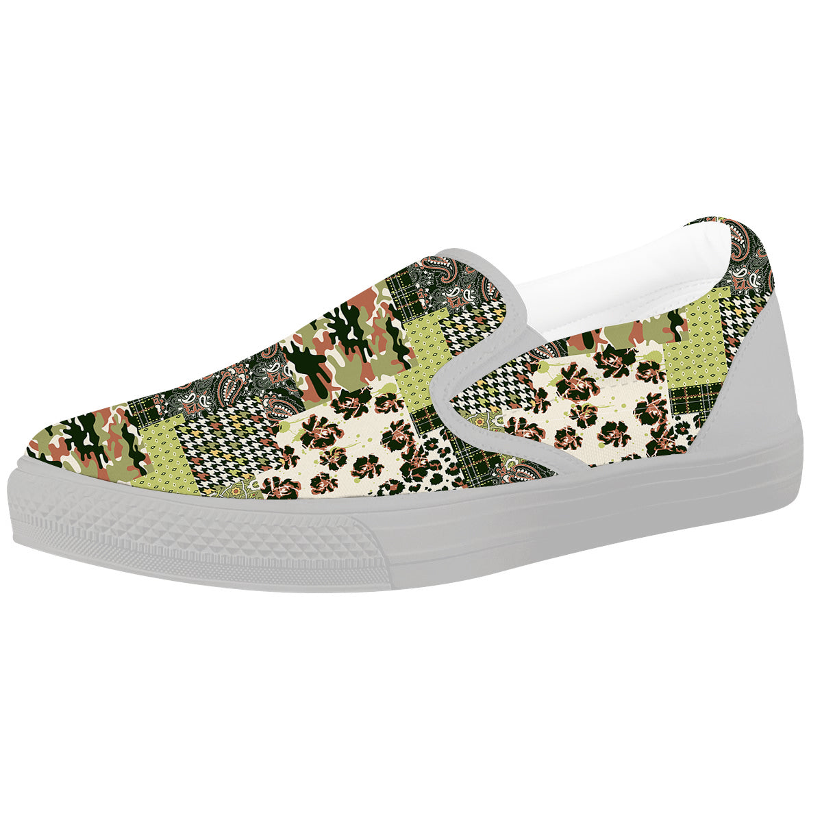 Green Camouflage Tartan Paisley Patchwork Print Pattern White Slip On Shoes-grizzshop