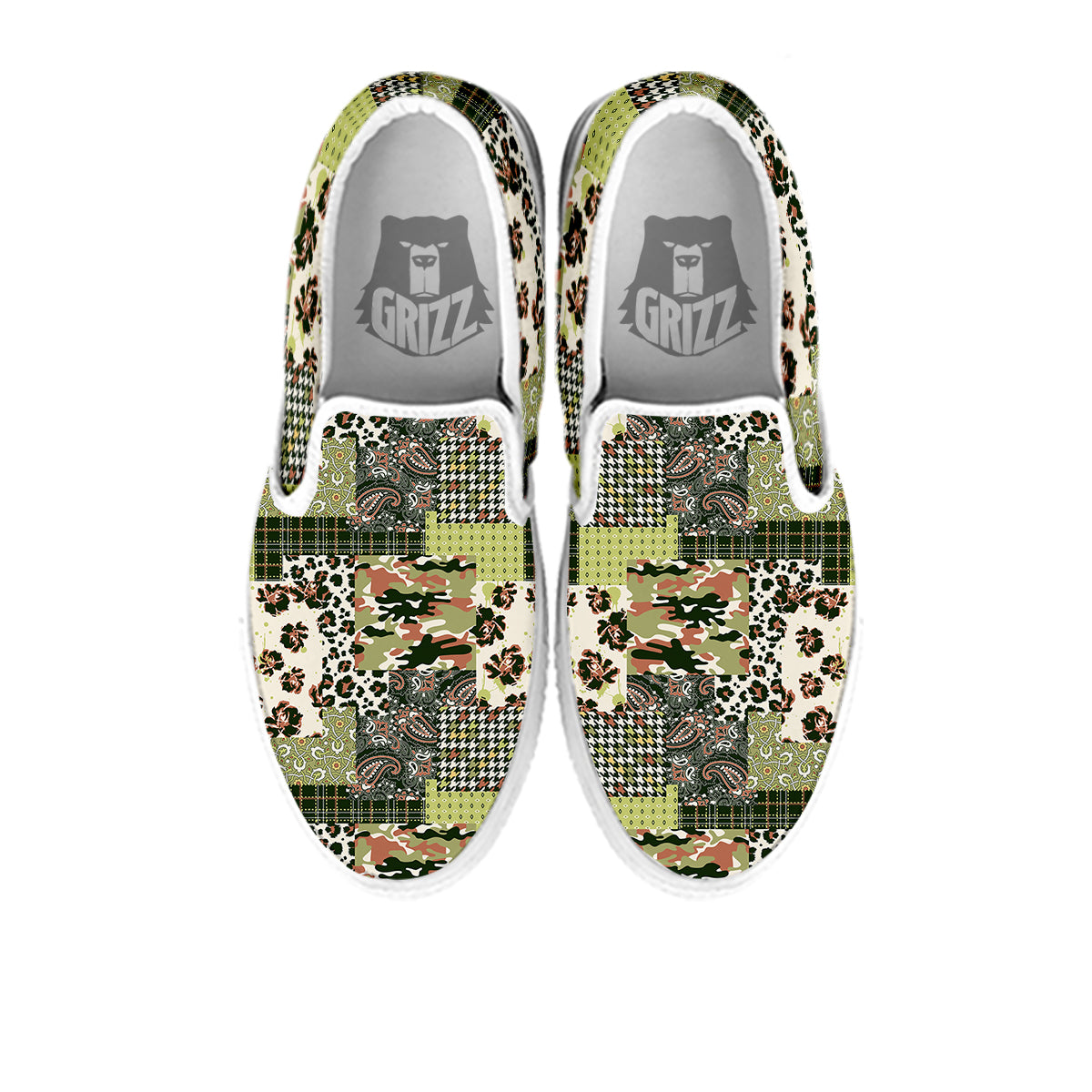 Green Camouflage Tartan Paisley Patchwork Print Pattern White Slip On Shoes-grizzshop