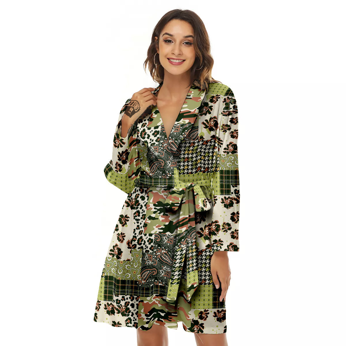 Green Camouflage Tartan Paisley Patchwork Print Pattern Women's Robe-grizzshop