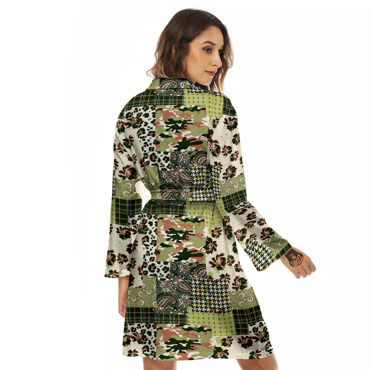 Green Camouflage Tartan Paisley Patchwork Print Pattern Women's Robe-grizzshop