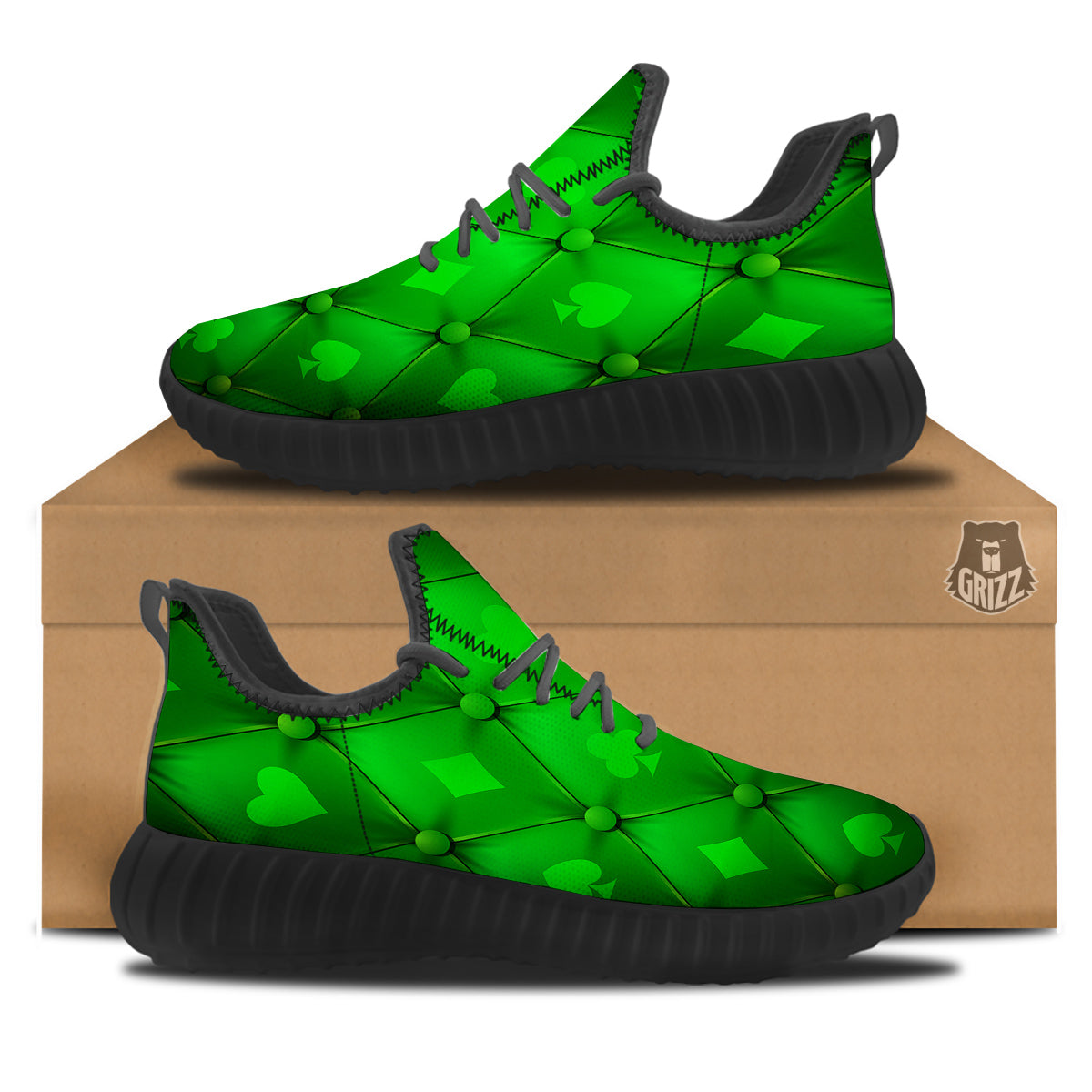 Green Casino Print Pattern Black Walking Shoes-grizzshop