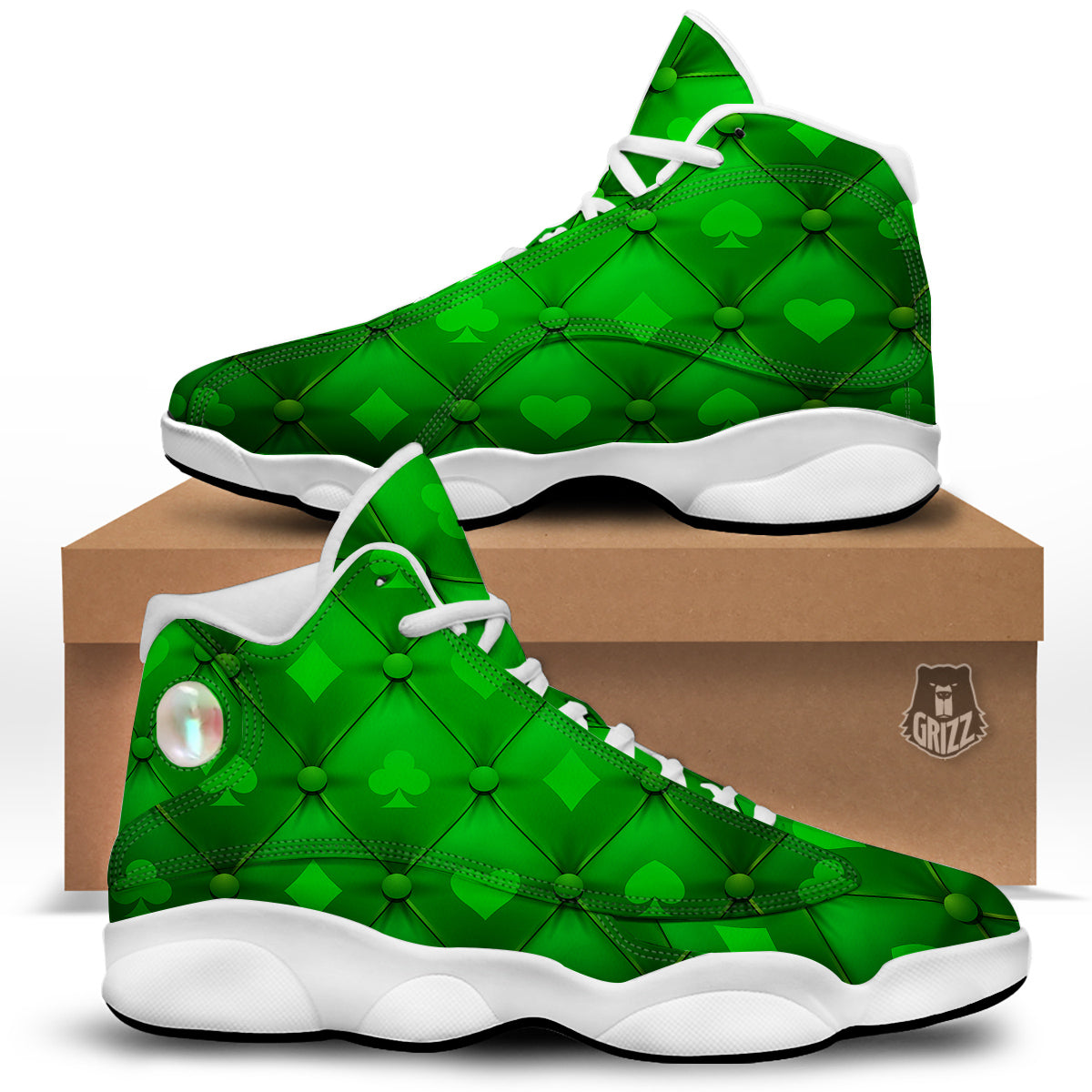 Green Casino Print Pattern White Basketball Shoes-grizzshop