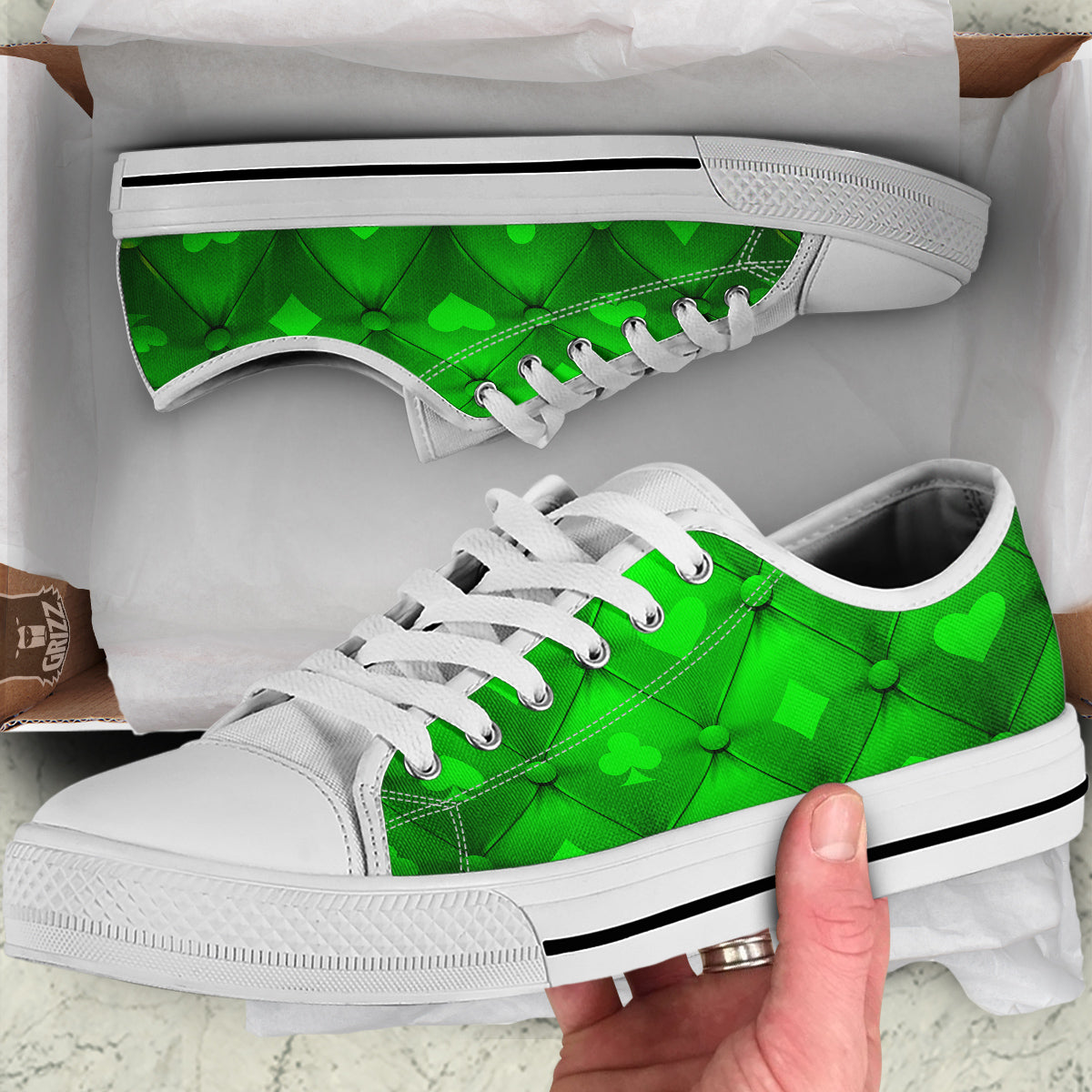 Green Casino Print Pattern White Low Top Shoes-grizzshop