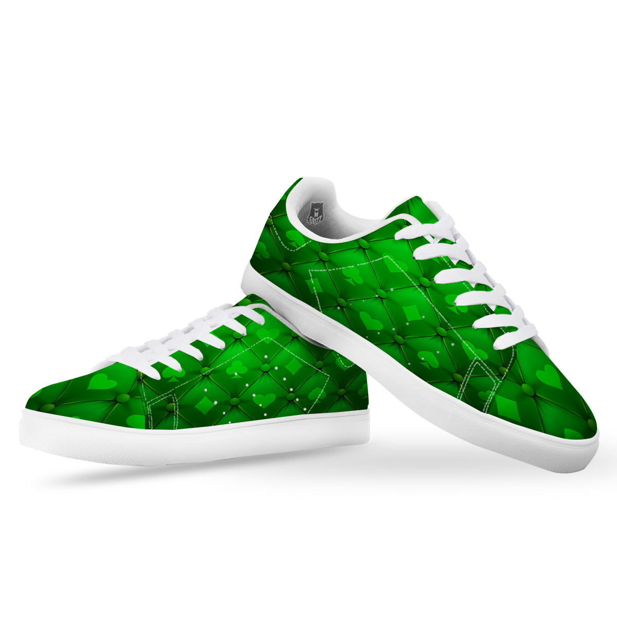 Green Casino Print Pattern White Low Top Sneakers-grizzshop
