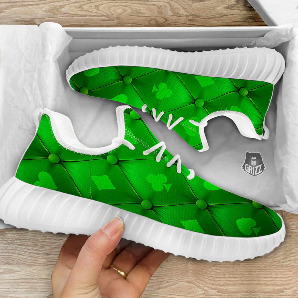 Green Casino Print Pattern White Walking Shoes-grizzshop