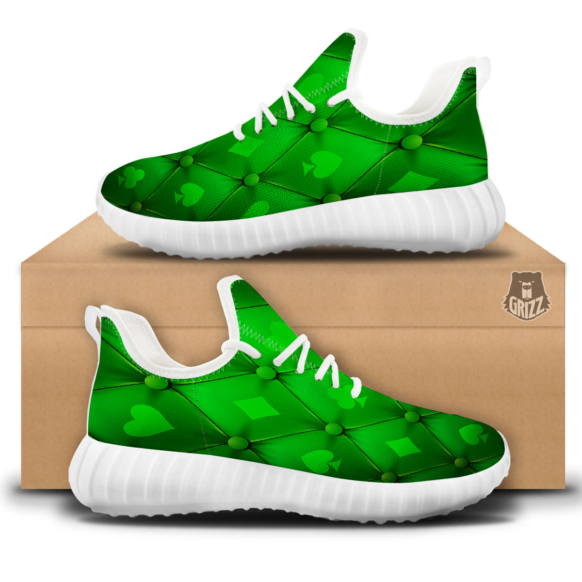 Green Casino Print Pattern White Walking Shoes-grizzshop