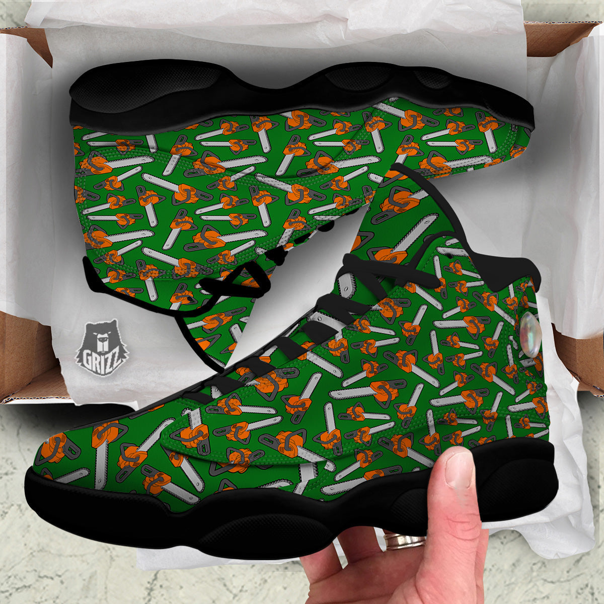 Green Chainsaw Print Pattern Black Basketball Shoes-grizzshop